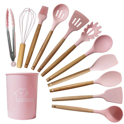 2022 Christmas Gift Food Grade Silicone Cutlery Set Wooden Handle Kitchen Gadgets Kid With Spatula Spoon Spaghetti Server Laddle Good Vibrations