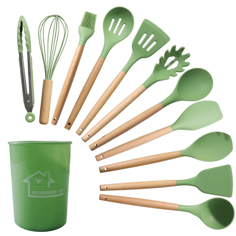 2022 Christmas Gift Food Grade Silicone Cutlery Set Wooden Handle Kitchen Gadgets Kid With Spatula Spoon Spaghetti Server Laddle Good Vibrations