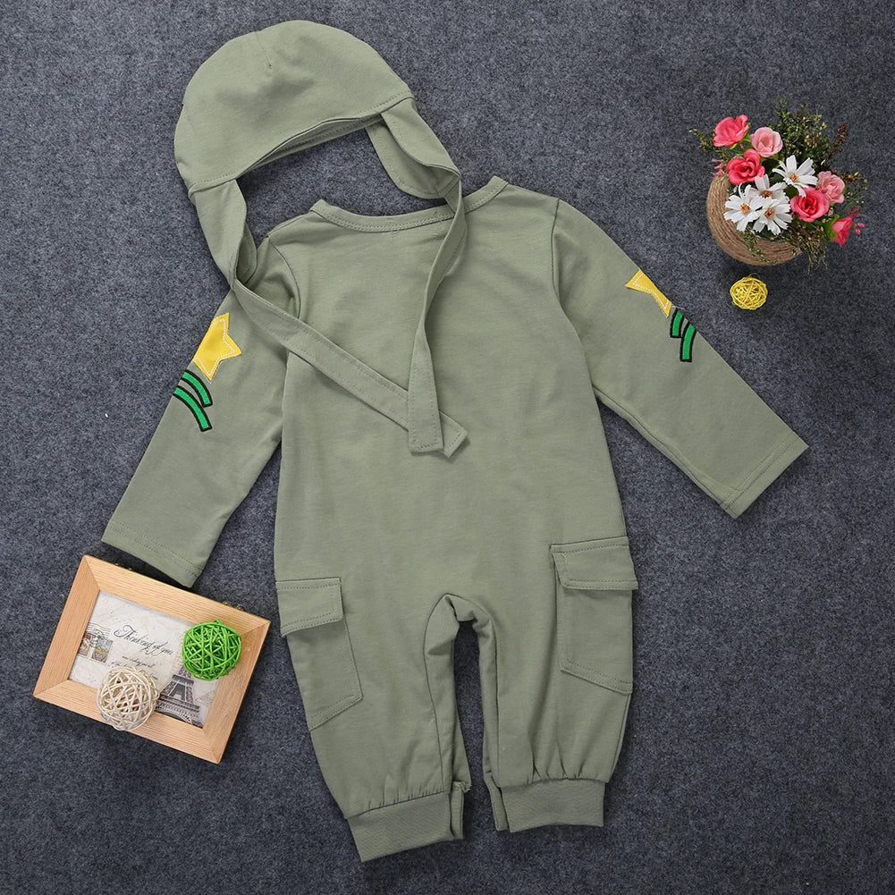 2019 Brand New Newborn Toddler Baby Boy Children Clothes Rompers+Hat Cap Jumpsuit Outfits Green Pilot's Coat 2Pcs Outfits Good Vibrations