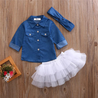 Baby Girl Summer Clothing Sets Baby Girls Clothes Denim Shirt Top +Tutu Skirts+Headband 3pcs Outfits Sets 0-5T Good Vibrations