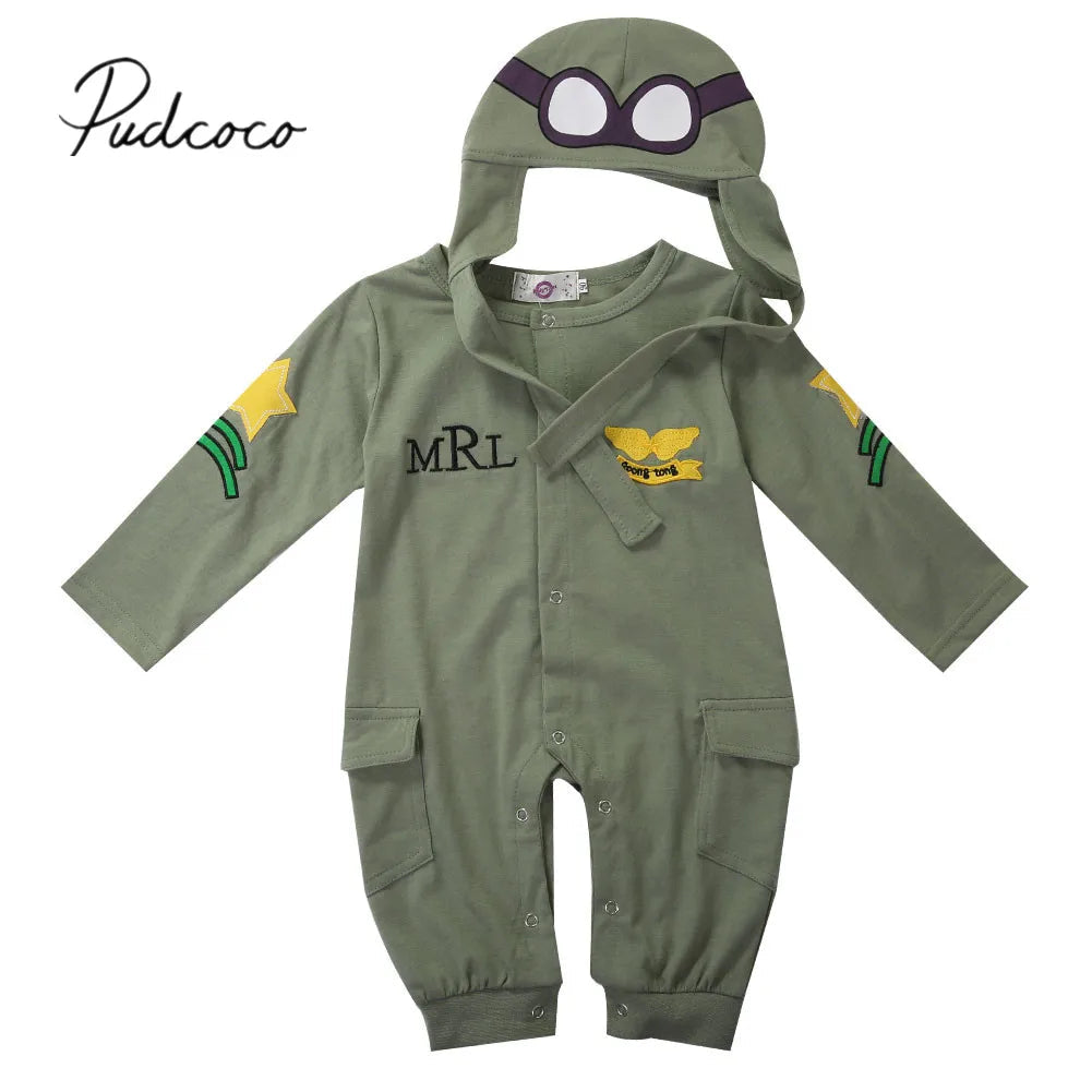 2019 Brand New Newborn Toddler Baby Boy Children Clothes Rompers+Hat Cap Jumpsuit Outfits Green Pilot's Coat 2Pcs Outfits Good Vibrations