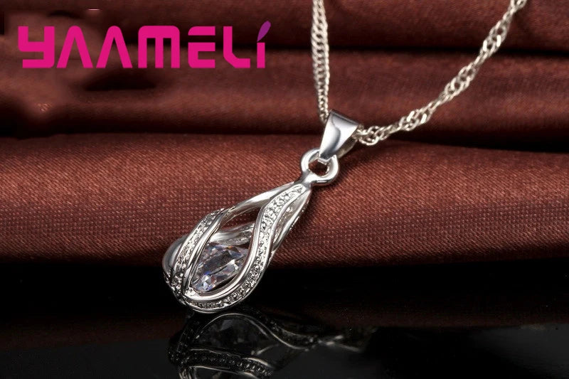 Hot Water Drop CZ 925 Sterling Silver Plated Jewelry Set For Women Pendant Necklace Hoop Earrings Wedding Party Ceremoey Anel Good Vibrations