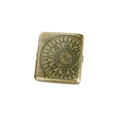 Vintage metal cigarette case with compass design, holds 20 cigarettes, classic edition.