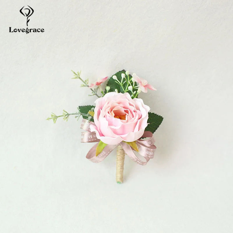 Wedding Boutonnieres White Pink Silk Roses Wrist Corsage Bracelets Bridesmaid Flowers Groom Brooch Marriage Cuff Wrist Corsages Good Vibrations