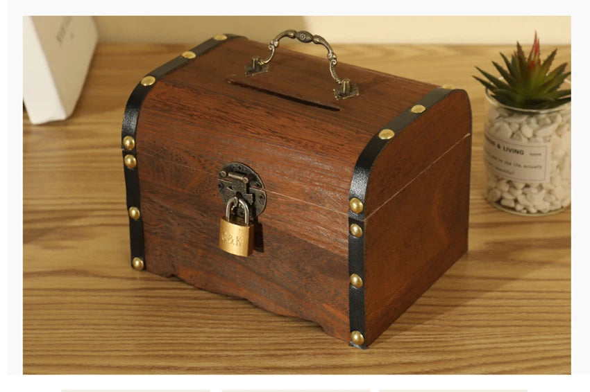 Wooden Retro Treasure Chest Piggy Bank Decorative Box With Lock,Coin,Banknote Storage Box Safe Money Box Gift cofre del tesoro Good Vibrations Adult Super Store