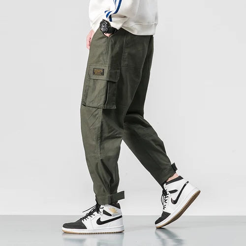 Men Multi-pocket Elastic Waist Design Harem Pant Street Punk Hip Hop Red Casual Trousers Joggers Male Army Cargo Pants 5XL Good Vibrations