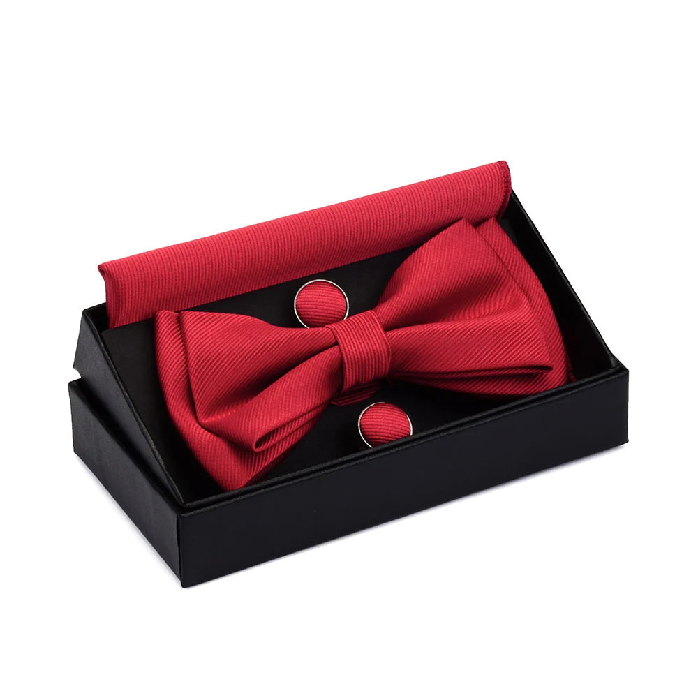 GUSLESON Quality Bowties For Wedding Mens Solid Color Two Layer Pre-tied Bow Tie and Pocket Square Cufflinks Set with Gift Box Good Vibrations