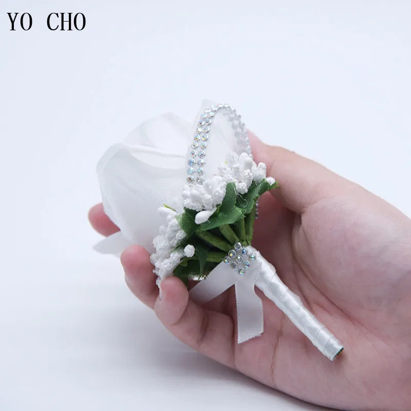 YO CHO Wedding Bouquet Artificial Rose Flowers Blue Brooch Corsages Glitter Rhinestone Ribbon Lace Classic Prom Boutonniere Pins Good Vibrations