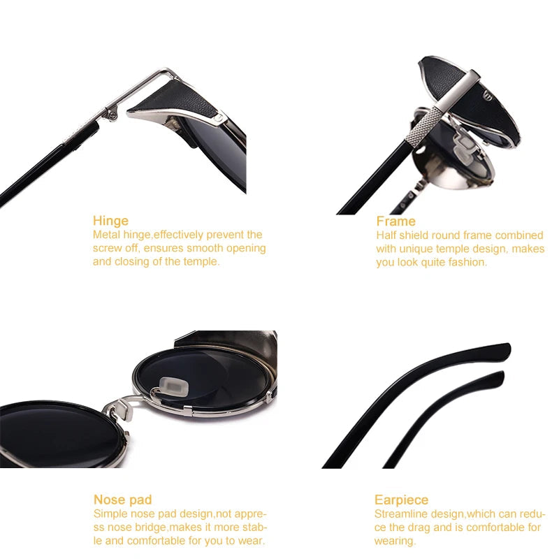 Retro Steampunk Sunglasses Men Women Round Metal Shields Sun Glasses Brand Designer Fashion Eyewear Mirror Lens UV400 Good Vibrations