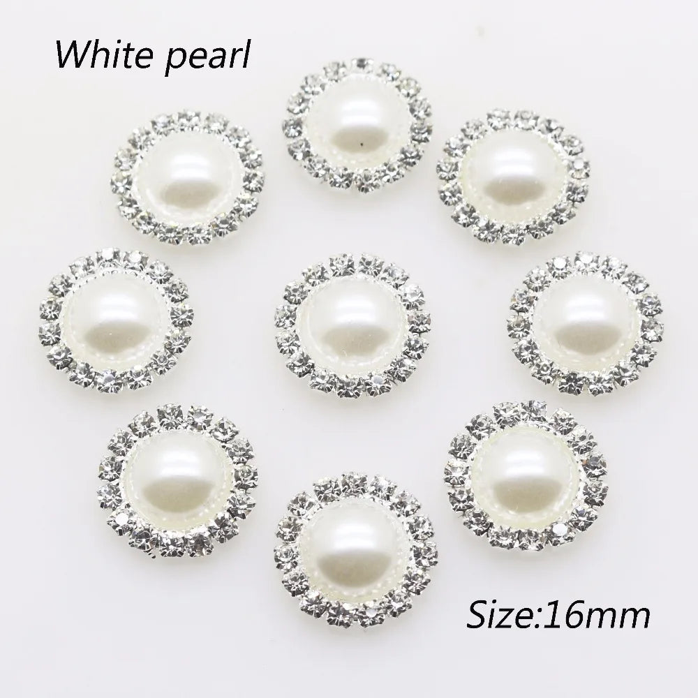 Wholesale 50pcs/lot 16mm (White/Ivory) Silver Flatback Pearl Rhinestone Buttons Wedding dress invitation hair decoration Good Vibrations