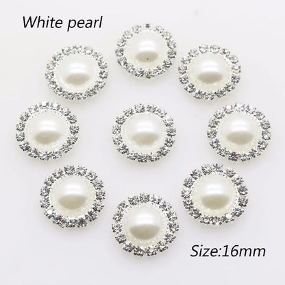 Wholesale 50pcs/lot 16mm (White/Ivory) Silver Flatback Pearl Rhinestone Buttons Wedding dress invitation hair decoration Good Vibrations