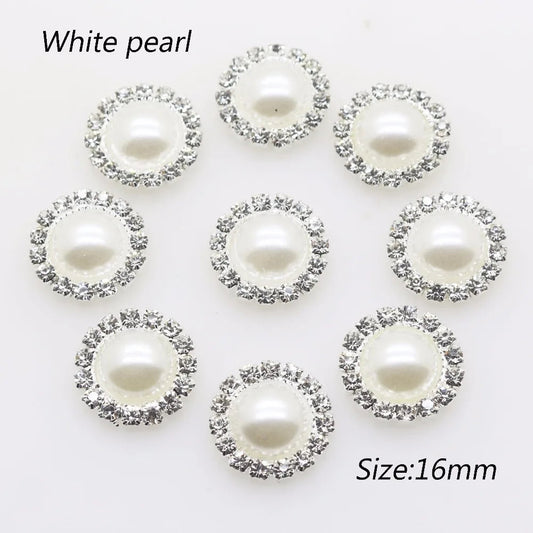 Wholesale 50pcs/lot 16mm (White/Ivory) Silver Flatback Pearl Rhinestone Buttons Wedding dress invitation hair decoration Good Vibrations