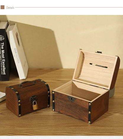 Wooden Retro Treasure Chest Piggy Bank Decorative Box With Lock,Coin,Banknote Storage Box Safe Money Box Gift cofre del tesoro Good Vibrations Adult Super Store