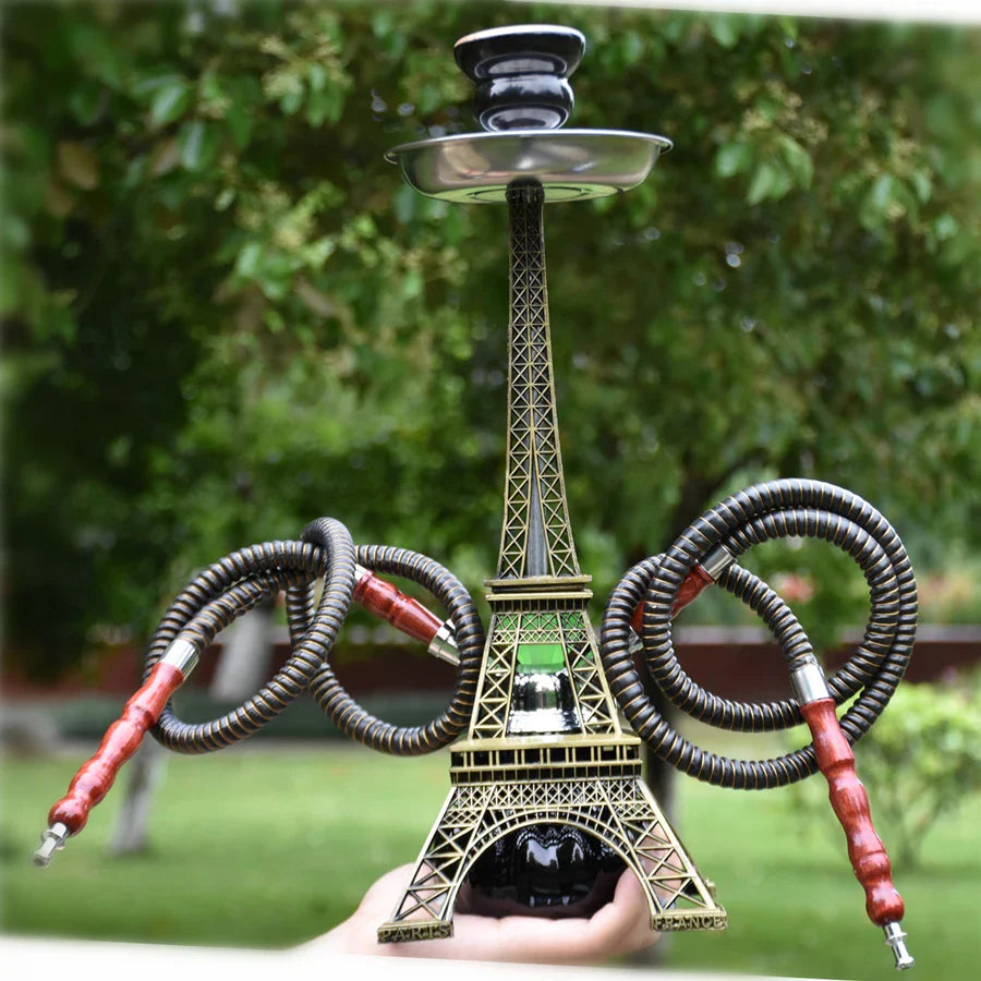 Paris Tower Metal Shisha Hookah with two hoses and ceramic bowl, featuring a bronze acrylic base and Eiffel Tower design.