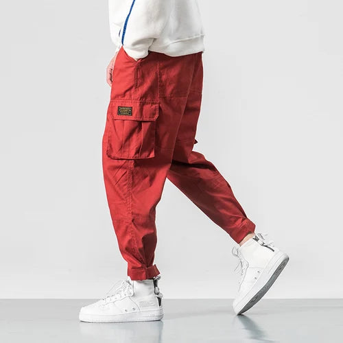 Men Multi-pocket Elastic Waist Design Harem Pant Street Punk Hip Hop Red Casual Trousers Joggers Male Army Cargo Pants 5XL Good Vibrations