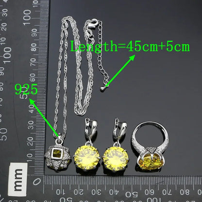925 Sterling Silver Bridal Jewelry Sets For Women Yellow Cubic Zirconia Earrings Pendant Ring Bracelet Necklace Set Good Vibrations