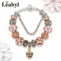 Classic Rose Gold Color Ball Charm Bracelets Diy I Love You Heart Pendant Beaded Jewelry Bracelets for Gift Good Vibrations