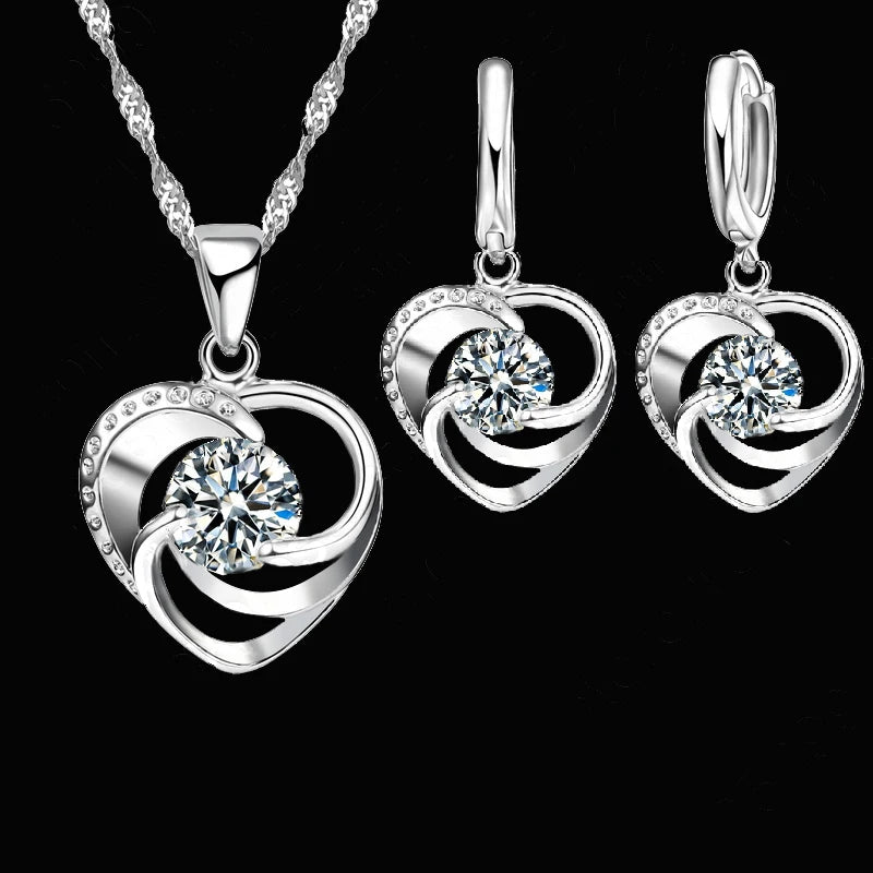 925 Sterling Silver Stamped Necklace Earrings Set Long Chain Sweet Romantic Style Love Heart Shape For Women Lady Wife Good Vibrations