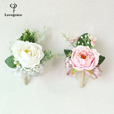 Wedding Boutonnieres White Pink Silk Roses Wrist Corsage Bracelets Bridesmaid Flowers Groom Brooch Marriage Cuff Wrist Corsages