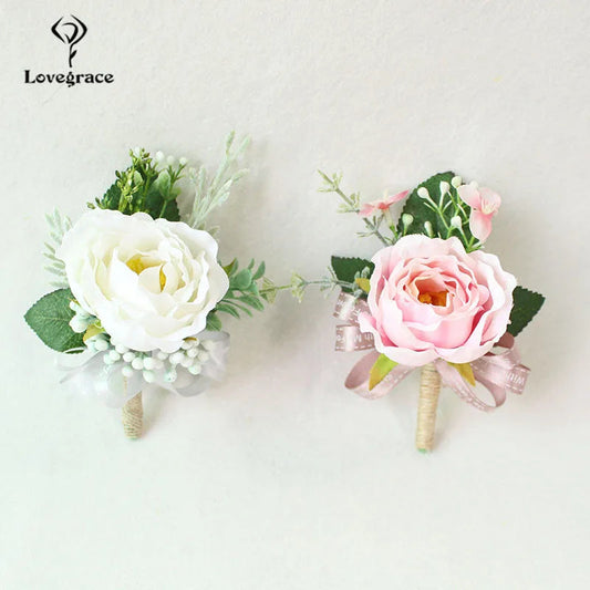 Wedding Boutonnieres White Pink Silk Roses Wrist Corsage Bracelets Bridesmaid Flowers Groom Brooch Marriage Cuff Wrist Corsages Good Vibrations