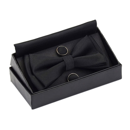 GUSLESON Quality Bowties For Wedding Mens Solid Color Two Layer Pre-tied Bow Tie and Pocket Square Cufflinks Set with Gift Box Good Vibrations
