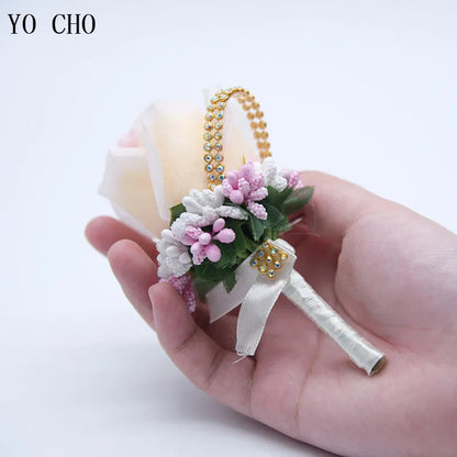 YO CHO Wedding Bouquet Artificial Rose Flowers Blue Brooch Corsages Glitter Rhinestone Ribbon Lace Classic Prom Boutonniere Pins Good Vibrations