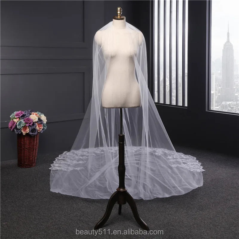 Wholesale New Grance Long Lace Bridal Wedding Veilwhite One-layer Bell Flower Wedding Lace Veil Fashionable Long Tulle HL26 Good Vibrations