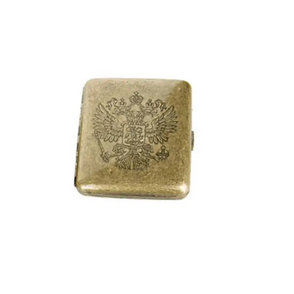 Vintage metal cigarette case with classic engraved design for 20 cigarettes.