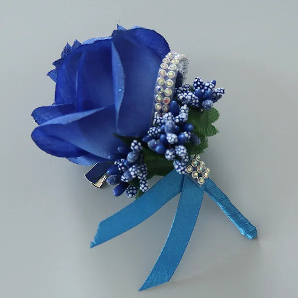 YO CHO Wedding Bouquet Artificial Rose Flowers Blue Brooch Corsages Glitter Rhinestone Ribbon Lace Classic Prom Boutonniere Pins Good Vibrations