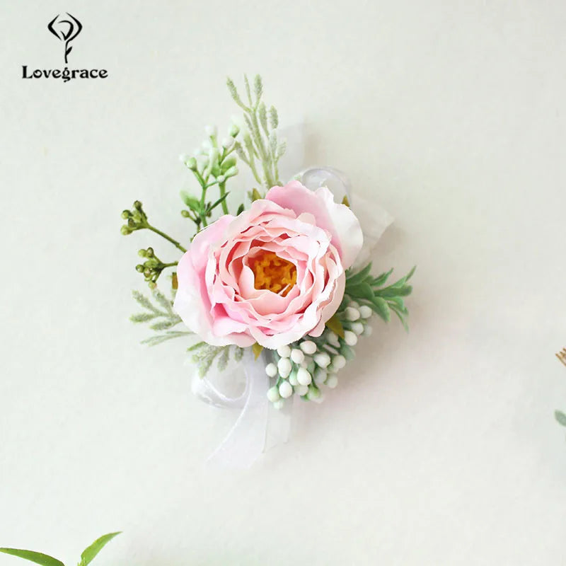 Wedding Boutonnieres White Pink Silk Roses Wrist Corsage Bracelets Bridesmaid Flowers Groom Brooch Marriage Cuff Wrist Corsages Good Vibrations