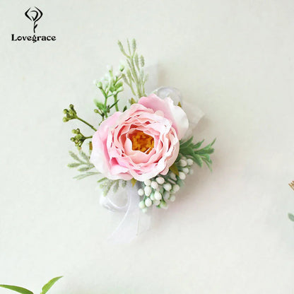 Wedding Boutonnieres White Pink Silk Roses Wrist Corsage Bracelets Bridesmaid Flowers Groom Brooch Marriage Cuff Wrist Corsages Good Vibrations