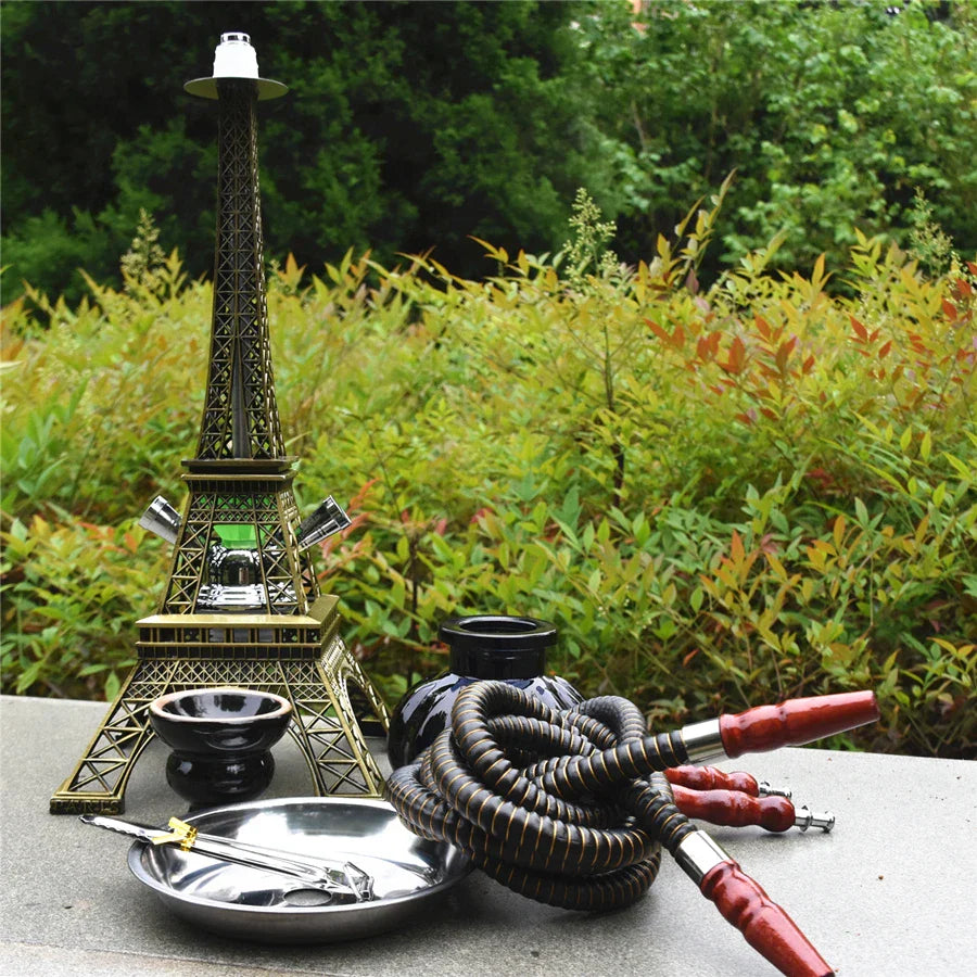 Paris Tower Shisha Hookah with metal design, double hose, ceramics bowl, and acrylic base set.