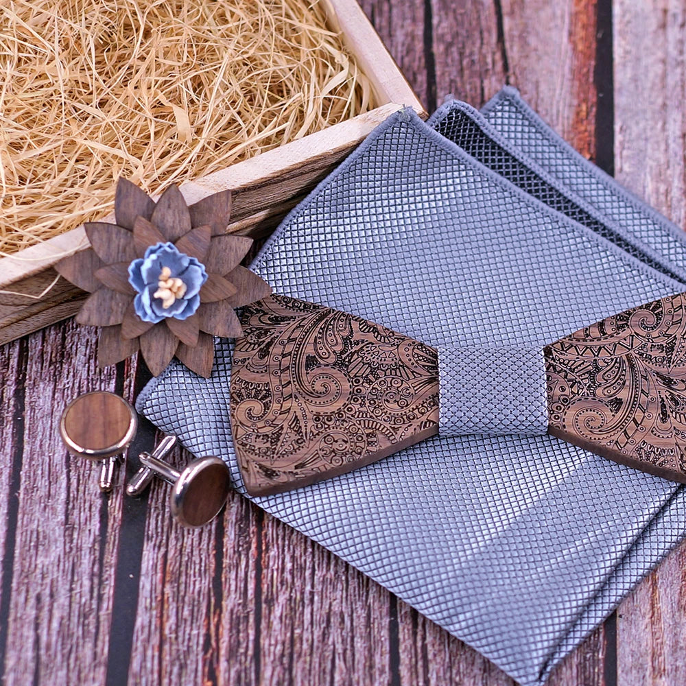 Formal Clasic Grey Tie for Men wedding wooden bow Tie Set Gift Hanky Cufflinks Set for Men Designer Fashion Silk Ties Good Vibrations
