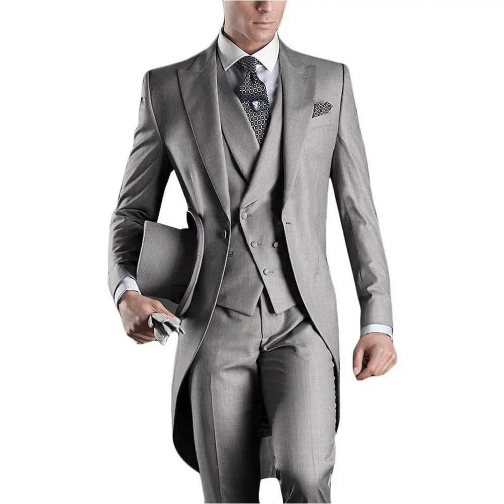 HD071 Hot Sale Grey Mens Tailcoat Wedding Suits for Men Groomsmen Suits 3 Pieces Groom Wedding Peaked Lapel Men Suit Good Vibrations