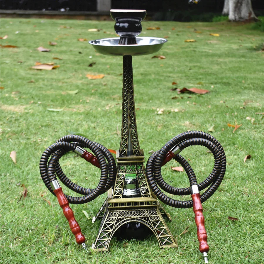 Paris Tower metal shisha hookah set with double hoses and ceramic bowl, displayed on grass.