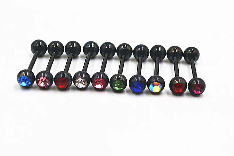LOT50pcs  Titanium Stainless Steel Crystal Tongue Ring Bar Nipple Barbells Body Piercing 14G~1.6mmx16mmx6mm Good Vibrations