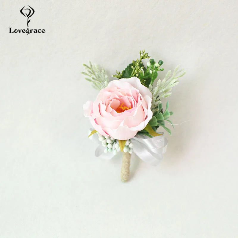 Wedding Boutonnieres White Pink Silk Roses Wrist Corsage Bracelets Bridesmaid Flowers Groom Brooch Marriage Cuff Wrist Corsages Good Vibrations