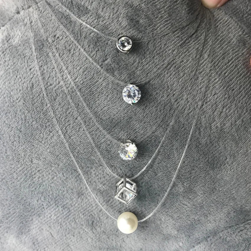 5 Colors Dazzling Zircon Necklace Invisible Transparent Fishing Line Simple Pendant Necklace Jewelry For Women Pearl Jewelry Good Vibrations