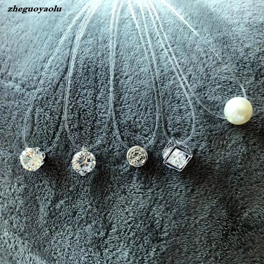 5 Colors Dazzling Zircon Necklace Invisible Transparent Fishing Line Simple Pendant Necklace Jewelry For Women Pearl Jewelry Good Vibrations