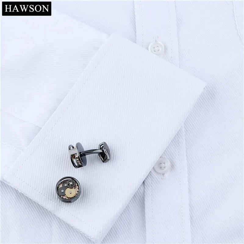 HAWSON Gun Plated Non-Movement Cufflinks Wedding Groomsmen Gift Mechanical Black Cuff Links Good Vibrations
