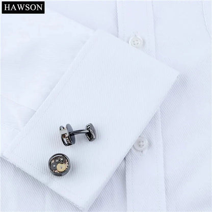 HAWSON Gun Plated Non-Movement Cufflinks Wedding Groomsmen Gift Mechanical Black Cuff Links Good Vibrations