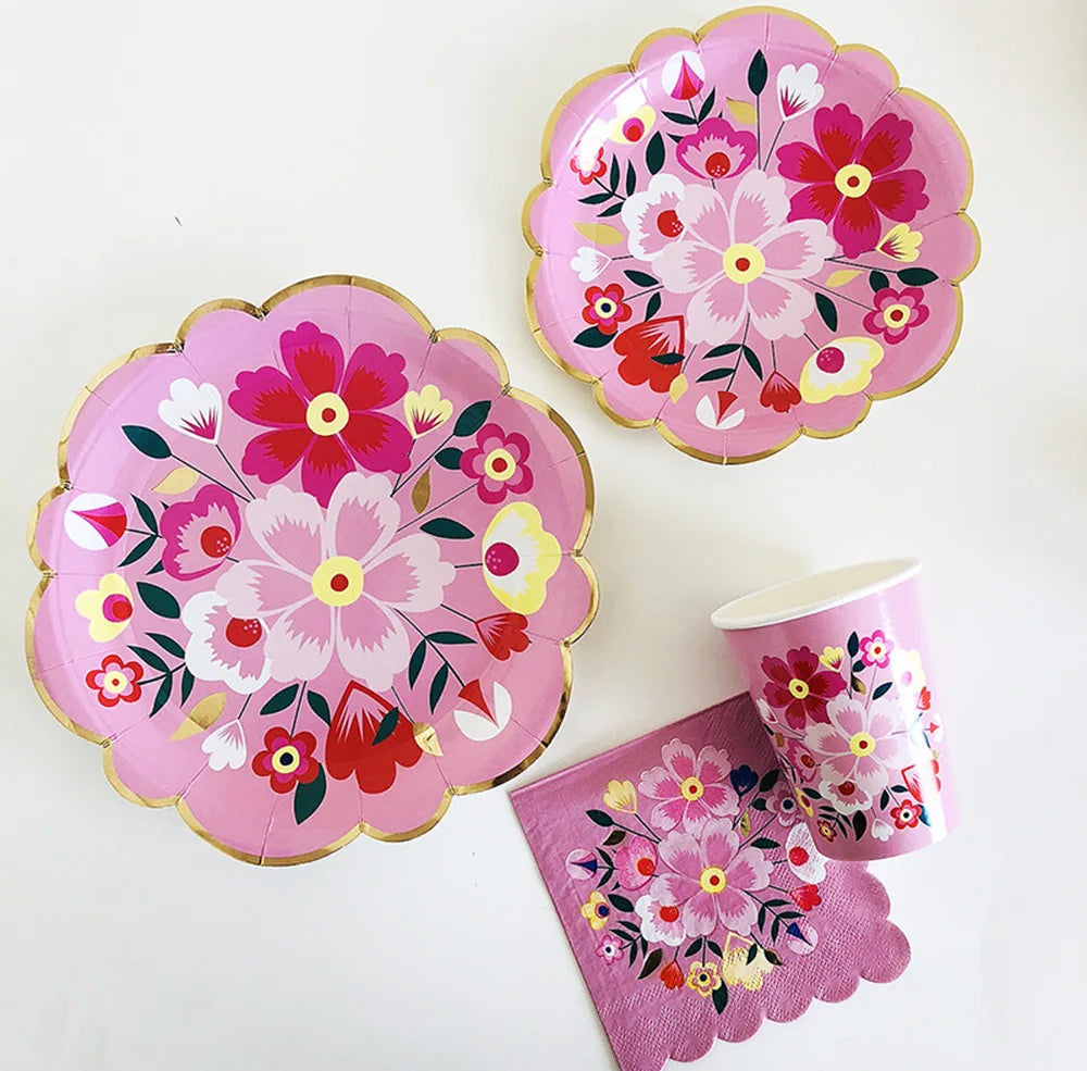 Disposable Tableware Sets Flower Paper Plates Cups Napkins Straw Party Supplies Kids Girl Baby Shower Wedding Birthday Decor Good Vibrations