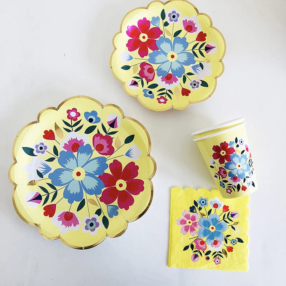 Disposable Tableware Sets Flower Paper Plates Cups Napkins Straw Party Supplies Kids Girl Baby Shower Wedding Birthday Decor Good Vibrations