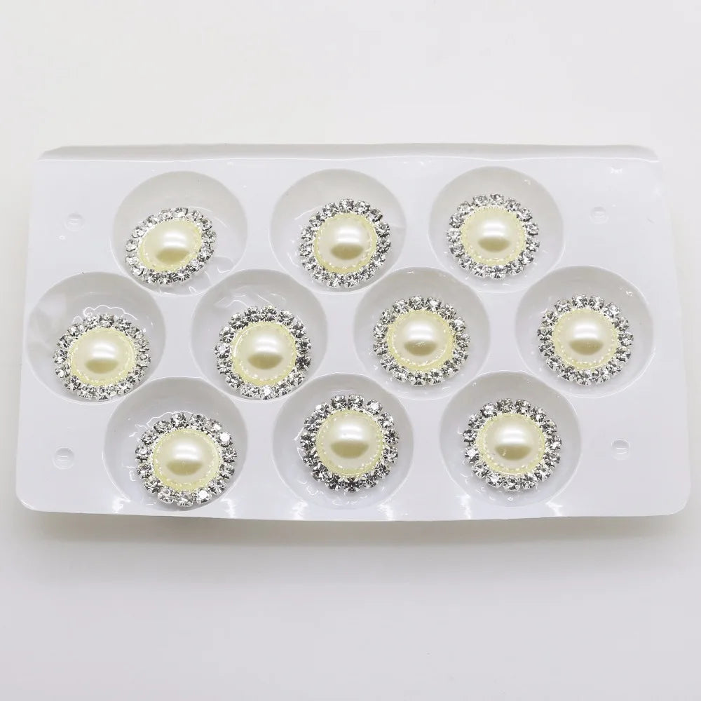 Wholesale 50pcs/lot 16mm (White/Ivory) Silver Flatback Pearl Rhinestone Buttons Wedding dress invitation hair decoration Good Vibrations