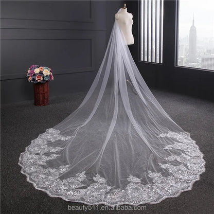 Wholesale New Grance Long Lace Bridal Wedding Veilwhite One-layer Bell Flower Wedding Lace Veil Fashionable Long Tulle HL26 Good Vibrations