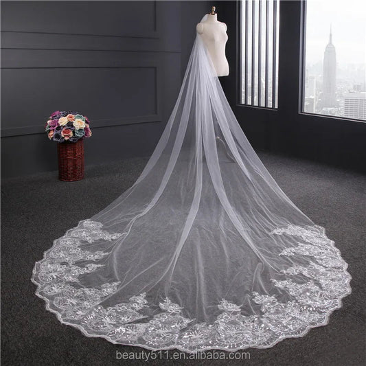 Wholesale New Grance Long Lace Bridal Wedding Veilwhite One-layer Bell Flower Wedding Lace Veil Fashionable Long Tulle HL26 Good Vibrations