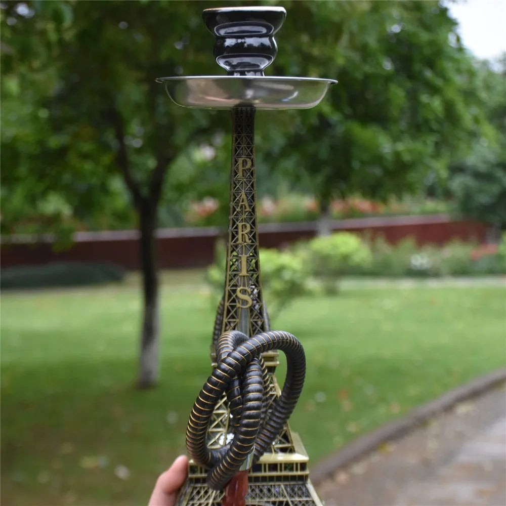 Paris Tower Shisha Hookah with double hose and ceramic bowl in bronze, featuring a metal design and acrylic base.