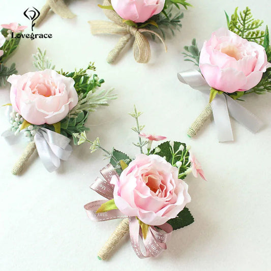 Wedding Boutonnieres White Pink Silk Roses Wrist Corsage Bracelets Bridesmaid Flowers Groom Brooch Marriage Cuff Wrist Corsages Good Vibrations