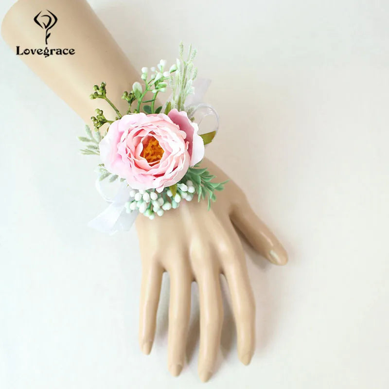 Wedding Boutonnieres White Pink Silk Roses Wrist Corsage Bracelets Bridesmaid Flowers Groom Brooch Marriage Cuff Wrist Corsages Good Vibrations