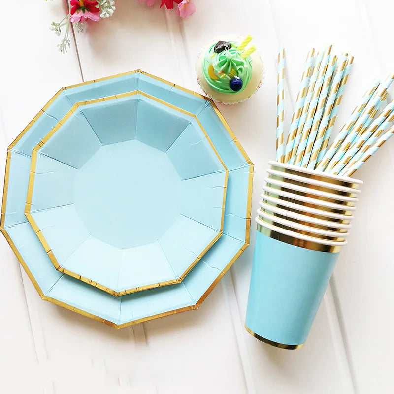 8 PCS/Lot Party Paper Plates Cups Pink Gold Happy Birthday Party Wedding Decoration Baby Shower Tableware Kids Birthday Decor Good Vibrations